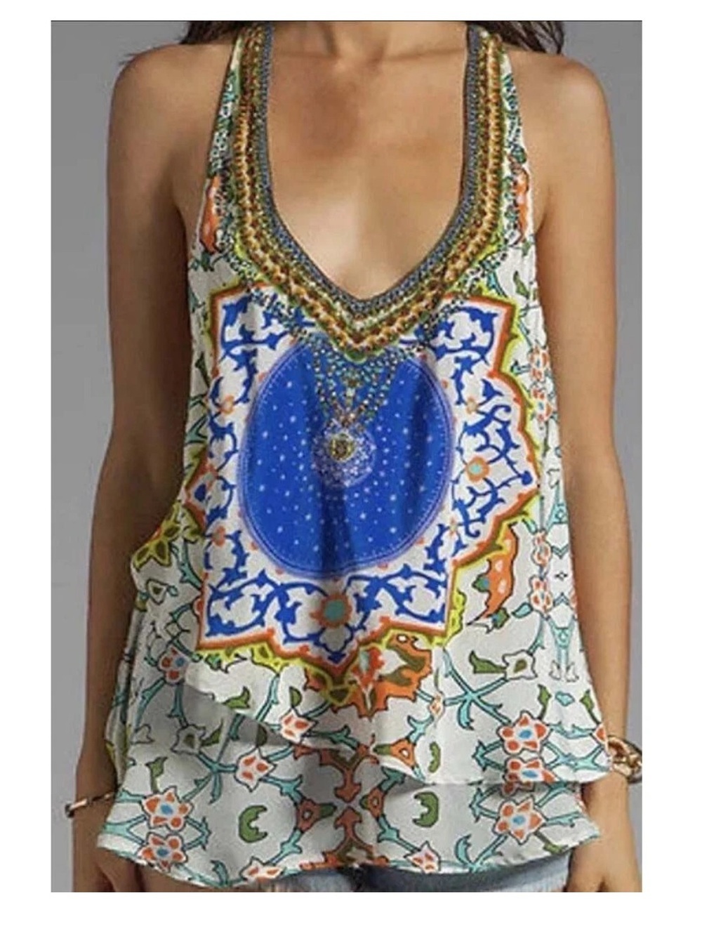 Camilla Franks Formentera UNICORN PRINT Embellished Racerback Silk Camisole SZ